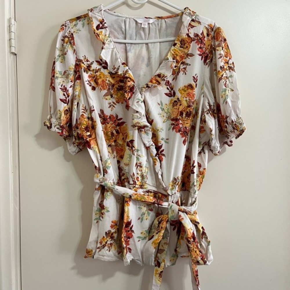 LC Lauren Conrad Floral Peplum Wrap‎ Top XXL Cottage Prairie Romantic Boho Tie